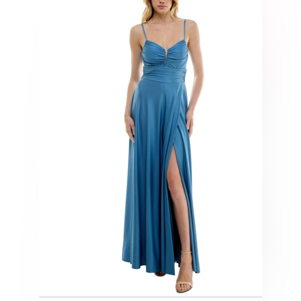 B Darlin Juniors' Sleeveless V-Neck Jersey Gown,- Dark Blue.